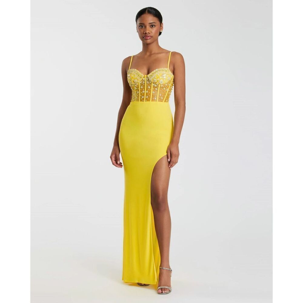 NWT MAC DUGGAL Yellow Spaghetti Strap Beaded Sheer Bodice Gown 💛 44029 size Sm